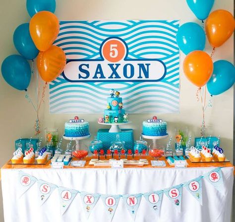 Blue and orange dessert table  at a Octonauts birthday party! See more party ideas at CatchMyParty.com! Octonauts Birthday Party Ideas, Cake Table Decorations Birthday, Octonauts Birthday Party, Octonauts Party, Cake Table Birthday, 5th Birthday Party Ideas, Horse Birthday, Gold Birthday Party, Girl Birthday Party