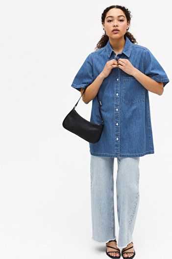 Short Sleeve Shirt Outfit, Denim Short Sleeve Shirt, Country Outfits Women, Outfits With Striped Shirts, Jean Button Up Shirt, Denim Shirt Outfit, Short Sleeve Denim Shirt, Oversized Striped Shirt, Oversized Denim Shirt