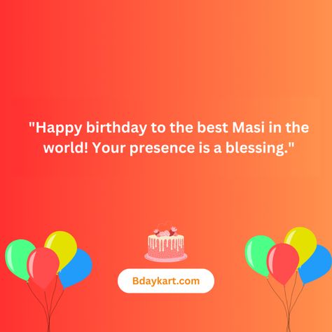 <p>Aunts hold a special place in our hearts. They offer guidance, love, and support, often stepping into roles beyond what is expected. Your Masi, or aunt, is no exception. When her birthday comes around, it’s the perfect time to show your appreciation and celebrate the love and bond you share. Here are 40 birthday wishes …</p> <p class="read-more"> <a class="" href="https://bdaykart.com/happy-birthday-masi/"> <span class="screen-reader-text">Happy Birthday Wishes for Masi | ... Masi Birthday Wish, Happy Birthday Masi Wishes, Happy Birthday Masi, 40 Birthday Wishes, 40th Birthday Wishes, Short Birthday Wishes, Funny Wishes, Beautiful Birthday Wishes, 40 Birthday