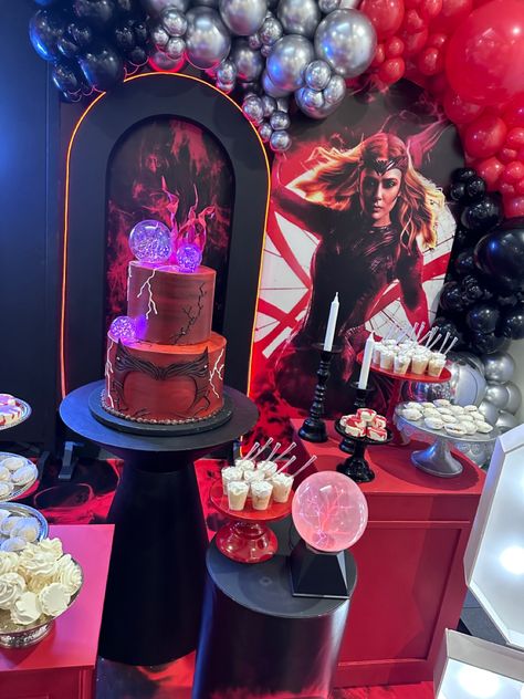 Wanda Maximoff Cake Ideas, Scarlet Witch Party Ideas, Wanda Maximoff Birthday Party, Scarlet Witch Birthday Cake, Scarlet Witch Birthday Party, Marvel Birthday Ideas, Scarlet Witch Cake Ideas, Scarlet Witch Cake, Wanda Cake