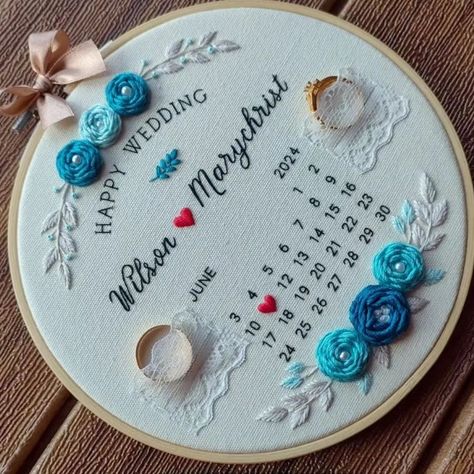 15cm calendar ring holder embroidery 🪡. 💍💙🤍 . . Available in10 and 12 inches ✨ Dm us for order 🎁 . #engagementring #gifthoops💫😍 #embroideryhoopart #handembroidery #memories💕 Embroidery Ring Designs, Embroidery Calendar, Embroidery Ring, Basic Hand Embroidery Stitches, Diy Embroidery Designs, Handmade Embroidery Designs, Handmade Embroidery, Hand Embroidery Stitches, August 1