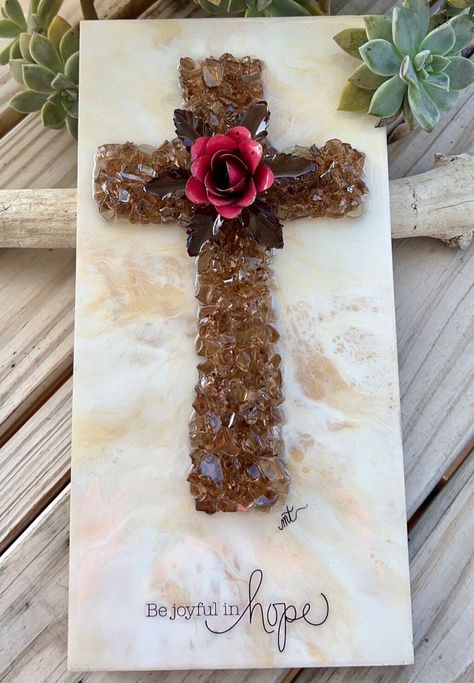 Cross Art Painting, Broken Glass Crafts, Glass Cross, Glass Painting Designs, Glass Glitter, Cross Art, Panels Wall, Acrylic Pour Painting, Vintage Jewelry Art