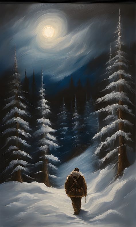 Man in a snow forest, painting Soldier In Snow, Snow Forest Painting, Dark Snowy Forest, Winter Forest Painting, Snow Painting, Snow Illustration, Movie Board, Hiking Men, Snow Forest