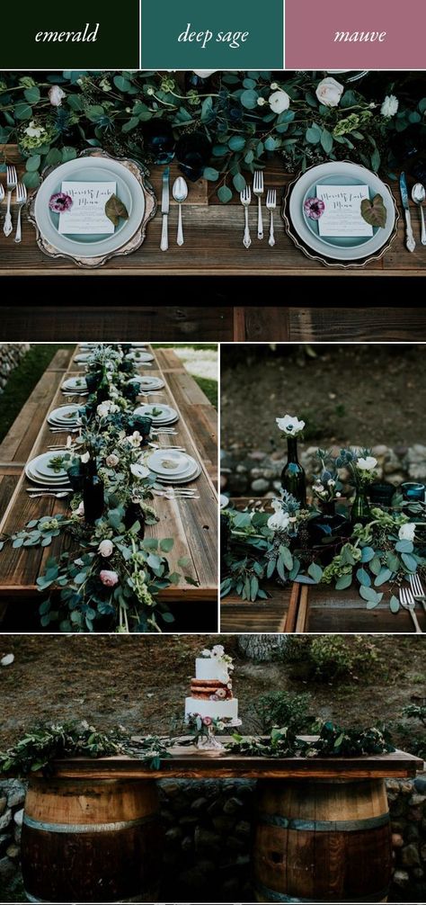 Emerald, deep sage and mauve is a naturally, enchanting colour palette that transforms your outdoor fall wedding into a dreamy storybook setting. An abundance of eucalyptus leaves with scattered ranunculus effortlessly take your table from bare to lush! Emerald Wedding Colors, Wedding Color Palettes, Wedding Themes Summer, Mauve Wedding, Emerald Green Weddings, Winter Wedding Colors, Outdoor Fall Wedding, Wedding Themes Fall, Spring Wedding Colors