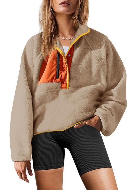 PRICES MAY VARY. Super soft fleece material, soft fluffy fleece fabric, comfortable and skin-friendly, makes you have a cute look, easy to match and wear it comfortable FASHION DEISGN: The button down sherpa pullover is very comfortable and loose to wear and you won't feel tight in it. It is made with soft fabric, nylon patches; zipper pockets; quarter-button closure, elastic cuffs, making it more comfy against the skin, can be worn next to your skin, you will never want to take it off. Features Winter Clothes Design, Fuzzy Jackets, Fleece Jacket Outfit, Womens Sherpa Jacket, Fuzzy Shorts, Trendy Stuff, Womens Sherpa, Button Down Sweater, Fleece Jacket Womens