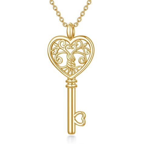 PRICES MAY VARY. Key Pendant Necklace : Dainty Gold Necklace with Key Element,Elegant and Dainty.The love heart Tree of life necklace with a key pendant makes your relationship stronger and is the good choice to express your love for her on special day. Meaning:The Tree of life inside key pendant represents Positive energy, Growth and Strength, good health, and a fresh start on life.The wearing of gold tree of life jewelry necklace also can be bring good luck, health, and protection. TREE OF LIF Silver Key Necklace, Life Jewelry, Tree Of Life Jewelry, Key Pendant Necklace, Silver Necklaces Women, Key Jewelry, Gold Tree, Wife Birthday, Sterling Necklaces