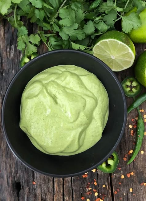 This creamy cilantro jalapeno sauce makes everything taste delicious. A quick & easy dairy-free, gluten free, cilantro dressing, dip or sauce. Jalapeno Tree Green Sauce Recipe, Cilantro Jalapeno Sauce, Jalapeno Sauce Recipe, Green Tahini Sauce, Creamy Jalapeno Sauce, Green Sauce Recipe, Green Tahini, Tahini Sauce Recipe, Vegan Sauce Recipes