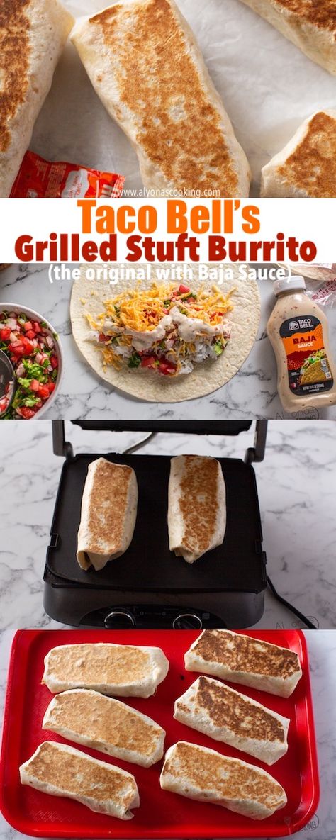 Make the Original Grilled Stuffed Burrito at home like the Burritos Taco Bell used to make back in 2005! The true Grilled Stuft Burrito with baja sauce not the later XXL Burrito. I’m bringing back my favorite Taco Bell menu item (and it’s so EASY to make!) All you need is flour tortillas, rice, refried beans, pico de gallo, baja sauce, and cheese! Grilled Stuffed Burrito Recipe, Grilled Stuffed Burrito, Stuffed Burritos, Burrito Recipe Chicken, Copycat Taco Bell, Taco Bell Recipes, I Lost 100 Pounds, Burritos Recipe, Tacos And Burritos