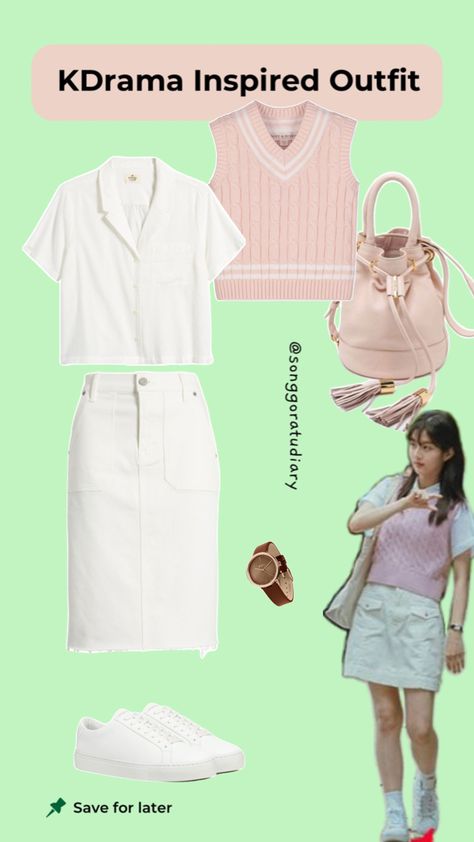 Cheong Ah Shin Eun Soo Twinkling Watermelon KDrama Inspired Outfit White Pink OOTD Pink Vest Outfit, Korean Skirt Outfits, Pink Shirt Outfit, Watermelon Outfit, Casual White Shirt, Pink Ootd, White Jean Skirt, Vest Outfits For Women, White Sneakers Outfit