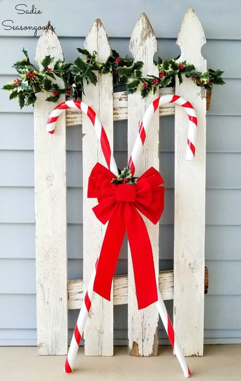 What to do with old walking cane or walking canes- upcycle them into DIY candy canes or candy cane decorations to use as Christmas porch decor by Sadie Seasongoods / www.sadieseasongoods.com Cane Decorations, Christmas Candy Cane Decorations, Classy Christmas Decor, Canes Decor, Candy Cane Decorations, Porch Decorations, Candy Halloween, Bowl Holder, Classy Christmas