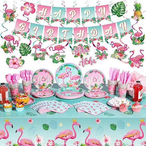 Buryeah 179 Pieces Flamingo Birthday Party Supplies Tropical Hawaiian Party Decorations for Girls Kids Included Banner Tablecloths Hanging Swirls Plates Napkins Cups Forks Spoons Knife for 24 Guests Flamingo Birthday Decorations, Flamingo Themed Party, Hawaiian Party Decorations, Flamingo Birthday Party, Pink Happy Birthday, Summer Party Themes, Flamingo Theme, Woman Birthday Party, Flamingo Birthday