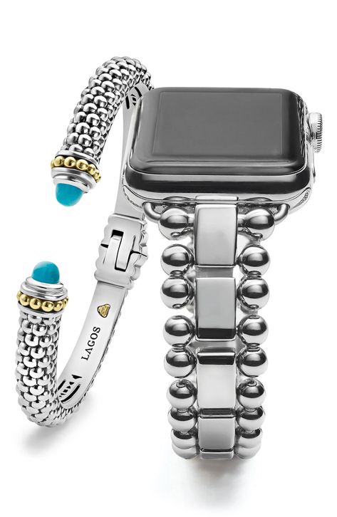 Part of our online trunk show, this style is available for a limited time through December 23. This giftable set comes with a stainless steel signature Caviar band for an Apple Watch and a turquoise-accent hinged cuff bracelet done in sterling silver. Set includes Apple Watch band and cuff bracelet; Apple Watch not included   Watchband fits series 1—8 Apple Watch in 38–45mm sizes   Stainless steel/sterling silver/turquoise/18k gold   Imported Apple Watch Cuff, Apple Watch Series 7, Bracelet Apple Watch, Turquoise Accents, April 15, Keep Jewelry, Apple Watch Series, Silver Turquoise, Turquoise Sterling Silver