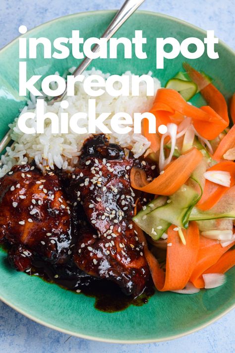 This speedy recipe for Instant Pot Korean Chicken cooks skinless boneless chicken thighs in a sweet, sticky and spicy honey and gochujang marinade, perfect to serve with steamed Jasmine rice and quick pickled veggies. Gochujang Marinade, Quick Pickled Veggies, Sticky Chicken Thighs, Skinless Boneless Chicken Thighs, Instant Pot Korean, Gochujang Chicken, Korean Bbq Chicken, Bbq Chicken Thighs, Korean Chicken