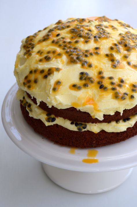 Chocolate & Fresh Passion Fruit Buttercream Cake Recipe Chocolate Passion Fruit, Passion Fruit Cake, Passion Fruit Syrup, Sandwich Cake, Moist Cakes, Cake Roll, Dessert Drinks, Buttercream Cake, Cookie Cake