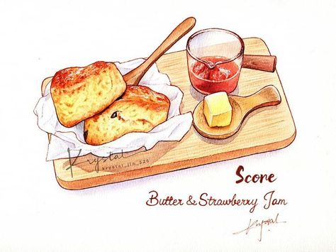 Krystal ♡. (@krystal_jin_626) • Instagram photos and videos English Scones, Japanese Food Illustration, Sketchbook Watercolor, English Afternoon Tea, Dessert Gifts, Cute Food Drawings, Pen Sketch, Food Drawing, Strawberry Jam