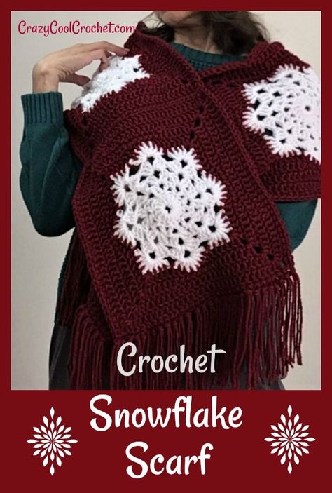 Crochet this snowflake scarf for the holidays! FREE PATTERN and VIDEO TUTORIAL. #crochetchristmas #freecrochetpatterns #crochetfreepatterns #snowflake scarf #crochetsnowflake #crochetscarf #crazycoolcrochet #crochetsnowflakepattern Christmas Scarf Pattern, Christmas Scarf Crochet, Winter Scarf Pattern, Crochet Wraps, Crochet Cowls, Crochet Snowflake, Crochet Patterns Ideas, Baby Cardigan Pattern, Crochet Snowflake Pattern