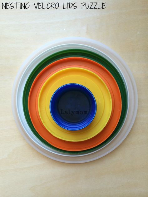 Nesting Velcro Lids Puzzle Fine Motor Activity for Toddlers from Lalymom #SmartMarch #OccupationalTherapy #OT Toddler Activties, Busy Bags For Toddlers, Fine Motor Activities For Toddlers, Motor Activities For Toddlers, Infant Classroom, Fine Motor Activity, Sensory Motor, Activity For Toddlers, Toddler Art Projects