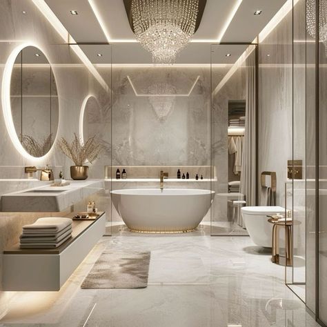 Modern Bathroom White Marble, Modern Bathroom Ideas With Bathtub, Expensive Bathrooms Luxury, Elegant Bathroom Design Luxury Bath, Bathroom Ideas Luxury Modern, Master Ensuite Bathroom Luxury, Large Master Bath Ideas, Rich Bathroom Luxury, Marble And Gold Bathroom