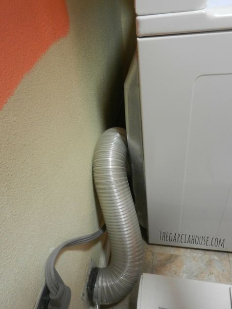 How To Push Dryer Against Wall, Washer And Dryer Flush With Wall, Dryer Hose Hacks, Open Laundry Room Ideas Hallways, Dryer Vent Ideas The Wall, Hide Dryer Vent Hose, Dryer Vent Solutions, Recessed Dryer Vent, Dryer Vent Box