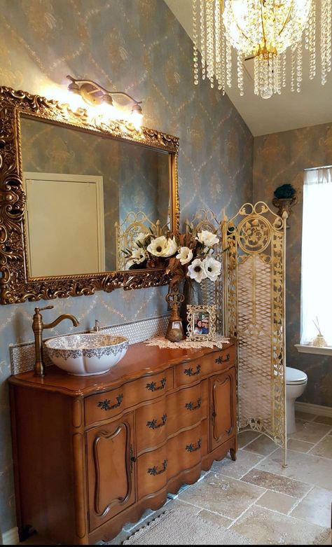 French Industrial Bathroom, Off Center Bathroom Sink Vanity, Vintage Mirror Bathroom Vanities, Ornate Bathroom Vanity, French Victorian Bathroom, Cottage Bathroom Sink, French European Bathroom, Victorian Bathroom Decor Ideas, French Style Vanity