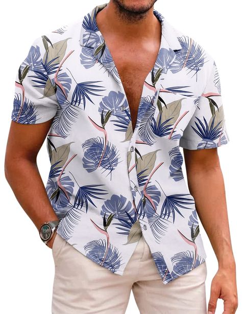 PRICES MAY VARY. 【HIGH QUALITY FABRIC】This hawaiian shirt made of soft and comfortable fabric, keeping you a skin friendly, breathable, lightweight and cool feeling. 【HAWAIIAN PRINT STYLE】The summer hawaiian shirt features with a tropical floral print, all over printing which brings you striking looking, vibrant prints add tropical appeal to this men cotton aloha shirts. 【STYLISH DESIGN】The men vacation beach shirt designed with loose fit, button up closure, short sleeve, spread collar and left Men Vacation, Beach Shirt Design, Vintage Striped Shirt, Guayabera Shirt, Floral Hawaiian Shirt, Mens Shorts Summer, Shirts Short Sleeve, Casual Long Sleeve Shirts, Tropical Floral Print