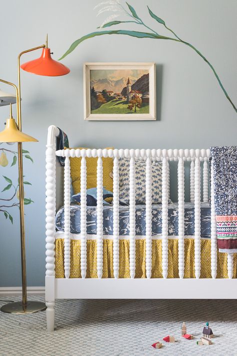 DIY Crib Skirt, Spindle Crib, Gender Neutral Nursery, Blue and Yellow Nursery Design Eclectic Nursery Boy, Color Schemes Bedroom, Eclectic Nursery, Bright Nursery, Bedroom Furniture Ideas, Diy Crib, White Crib, Storage Bedroom, Yellow Nursery