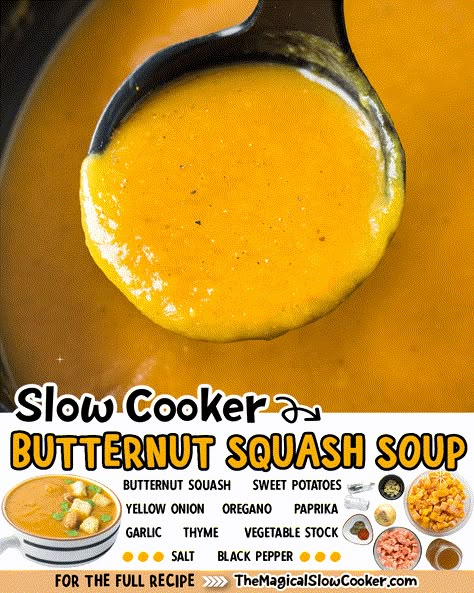 Make a hearty butternut squash soup right in the slow cooker. This soup has a bright color and plenty of flavor. See what my secret ingredient is that makes this soup pop! The soup is healthy, naturally vegetarian, and dairy-free! - The Magical Slow Cooker Panera Soup Recipes, Slow Cooker Butternut Squash Soup, Butternut Squash Recipes Healthy, Squash Recipes Healthy, Slow Cooker Butternut Squash, Butternut Squash Sweet, Magical Slow Cooker, Butternut Soup, Slow Cooker Casserole