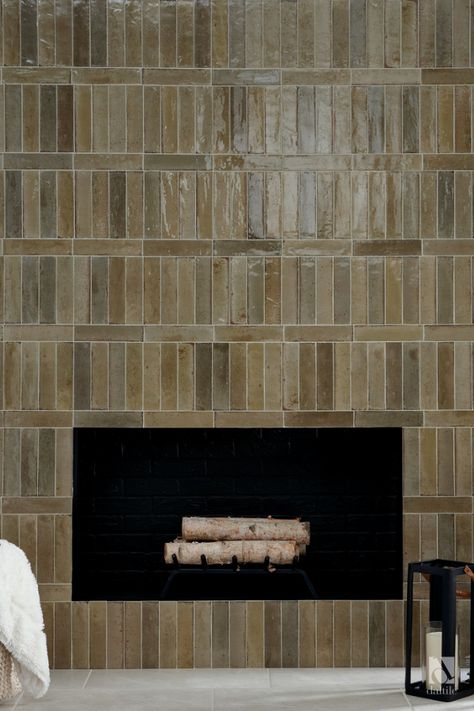 Fireplace Tile Inspiration Cool Tile Fireplace, Black Hexagon Fireplace Tile, Tile Fireplace Pattern, Harth Fireplace Tile Ideas, Tiled Fireplace With Mantle, Stacked Tile Fireplace, Red Brick Fireplace Ideas, Modern Tiled Fireplace, Wood Tile Fireplace