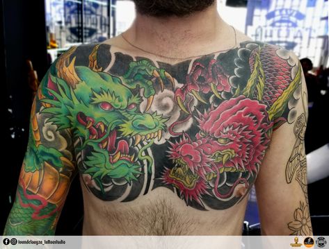 @ivandeloayzatattoostudio Dragon Tattoo Chest, Japanese Dragons, Koi Tattoo Sleeve, Tattoo Chest, Buddha Tattoo Design, Dragon Rouge, Family Tattoo Designs, Japanese Dragon Tattoo, Full Sleeve Tattoo Design