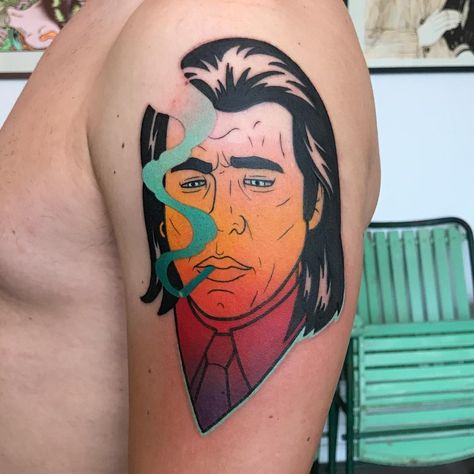 Gennaro Varriale (Gery) (@gennarovarrialetattoo) on Instagram: “Vince @oinkfarm . Grazie Alessandro ! #oinkfarm #pulpfiction #areaindustrialetattoo…” Pulp Fiction Tattoo, Brescia Italy, Colorful Tattoo, New Tattoo Designs, Geek Tattoo, Jack Rabbit, Unique Tattoo Designs, E Tattoo, Matching Tattoo