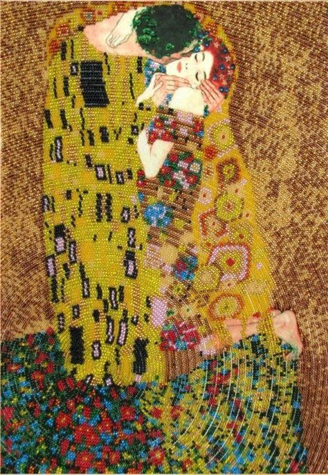 Gustav Klimt beaded cross stitch picture kit Kiss, bead embroidery kit abstract people pattern Gustav Klimt Pattern, Gustav Klimt Quilt, Beaded Embroidery Portrait, Klimt Cross Stitch, Klimt Fabric Quilts, Diy Bead Embroidery, Cross Stitch Pictures, Beaded Cross Stitch, Back Stitch