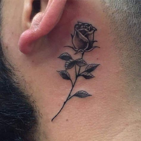 The Top 75+ Best Rose Tattoo Ideas in 2020 Rose Stem Tattoo, Rose Tattoo Behind Ear, Rose Neck Tattoo, Black Rose Tattoo, Simple Rose Tattoo, Small Neck Tattoos, Realistic Rose Tattoo, Behind Ear Tattoos, Tattoo Behind Ear