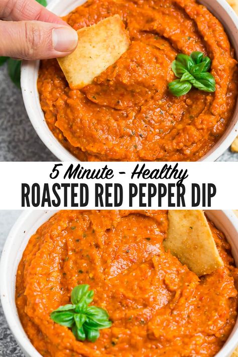 This easy Roasted Red Pepper Dip with Parmesan and Basil has vibrant Italian flavors, healthy ingredients, and quick prep. Rich and creamy, it's great for snacks, parties, and more! One of the best easy appetizer recipes. #wellplated #dip Bell Pepper Dip Recipes, Roasted Red Pepper Appetizer Recipes, Jarred Roasted Red Pepper Recipes, Roasted Red Pepper Dip Cream Cheese, Roasted Red Pepper Dipping Sauce, Spicy Dips, Daycare Recipes, Red Pepper Dip Recipe, Pepper Dip Recipe