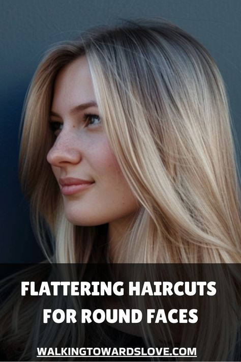 Woman with long, layered blonde hair, text overlay: "Flattering Haircuts for Round Faces". Mid Length Haircut Round Face, Full Face Haircut, Long Hair Haircut Ideas For Round Face, Shoulder Length Haircut For Round Faces, Haircuts For Full Faces, Chubby Face Haircuts Double Chin, Best Hairstyles For Round Face, Haircut For A Round Face, Medium Hair Round Face