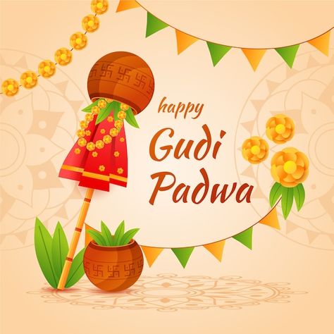 Flat design gudi padwa | Free Vector #Freepik #freevector #design #celebration #happy #festival Gudi Padwa Rangoli, Indian Holidays, Happy Gudi Padwa, Gudi Padwa, Wishes Images, Indian Festivals, Very Happy, Food Waste, Flat Design