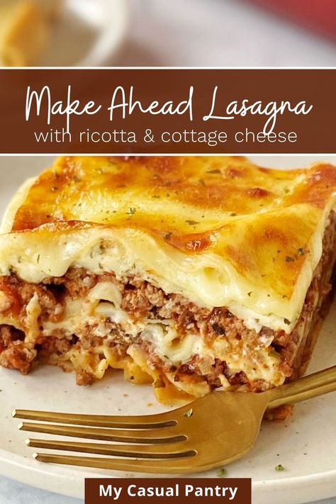 This comfort food classic is a hearty casserole that can be made ahead of time - and freezes well too! With layers of ground beef and sausage alternated with a blend of cottage cheese, ricotta, and Parmesan, this lasagna is a winner! Lasagna Make Ahead And Freeze, Lasagna With Cottage Cheese And Ricotta, Make Ahead Lasagna Recipe, Lasagna Recipe With Cottage Cheese, Make Ahead Lasagna, Freezer Lasagna, Ground Beef And Sausage, Pasta Ragu, Lasagna With Cottage Cheese