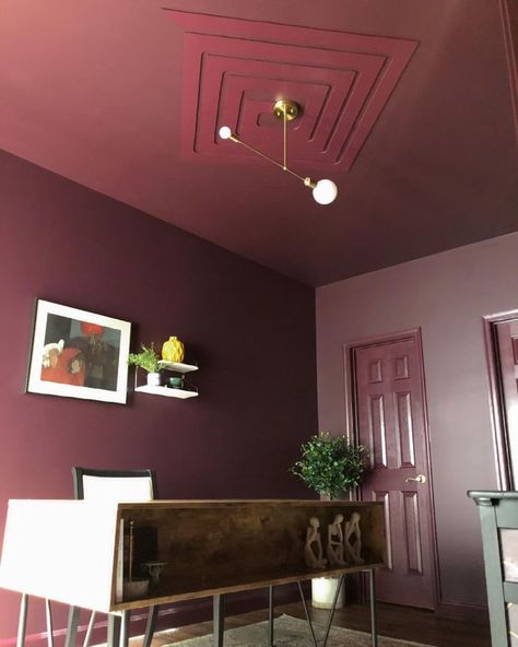 LOBBY SCENE, dark, warm purple-red paint color by Backdrop. – Dark, Purple, Red, Office, Ceiling | Backdrop Long Pendant Light, Color Drenching, Backdrop Paint, Long Pendant Lights, Red Paint Colors, Warm Purple, Red Backdrop, Interior Wall Paint, Wall Installation