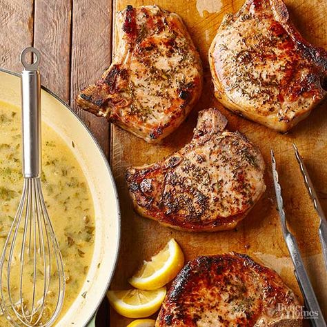 Pan-Roasted Pork Chops with Lemon Caper Sauce Lemon Pork Chops, Easter Dinner Menu Ideas, Best Pork Chop Recipes, Pork Chops And Applesauce, Roast Pork Chops, Easter Dinner Menus, Pork Meals, Dinner Menu Ideas, Lemon Caper Sauce