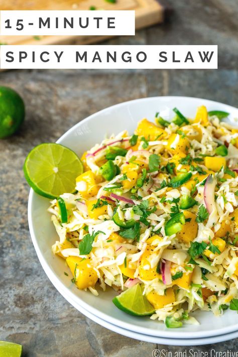 15-Minute Spicy Mango Slaw | Sip and Spice #healtysides #healthyrecipes #cleaneating #mango #cabbage #mangoslaw #coleslawrecipes #bbqrecipes #bbqsides #summerrecipes Tacos Pulled Pork, Mango Slaw Recipes, Tacos Chicken, Mango Slaw, Slaw Recipe, Bbq Dinner, Fish Tacos Recipe, Vegetarian Cabbage, Slaw Recipes