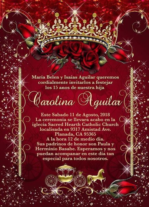 Invitations Quince, Red Quinceanera Theme, Red Quince Theme, Gold Quinceanera Theme, Gold Carriage, Red And Gold Quince, Red Quinceanera Ideas, Quince Planning, Rose Tiara