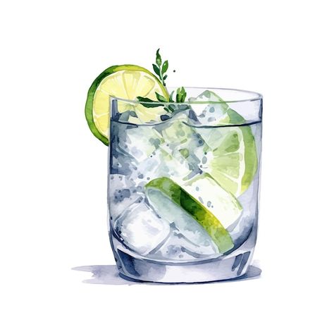 Gin And Tonic Watercolor, Drink Menu Illustration, Gin And Tonic Painting, Watercolor Drinks Cocktails, Gin And Tonic Drawing, Gin And Tonic Illustration, Gin Tonic Illustration, Gin Drawing, Watercolour Cocktails