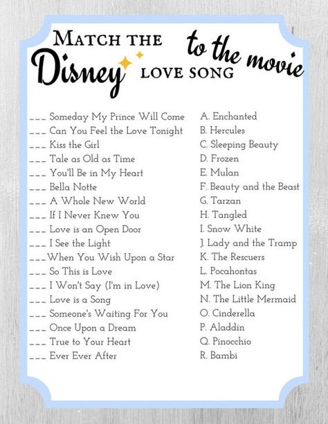 #MatchingGame #Disney #LoveSongs Bachelorette Sleepover, Baby Shower Songs, Disney Love Songs, Disney Night, Disney Graduation, Disney Bachelorette, Cinderella Blue, Disney Bridal Showers, Disney Baby Shower