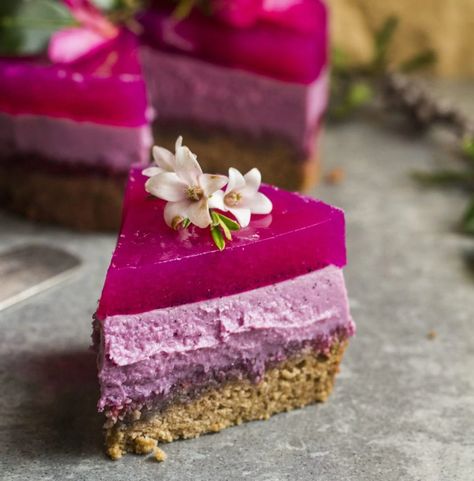 Pink dragon fruit layer cake https://www.rainbownourishments.com/pink-dragon-fruit-layer-cake/ Dragon Fruit Cheesecake Recipes, Fruit Layer Cake, Pink Dragon Fruit, Fruit Cheesecake, Philadelphia Torte, Fruit Cupcakes, Fruit Du Dragon, Thanh Long, Raw Cake