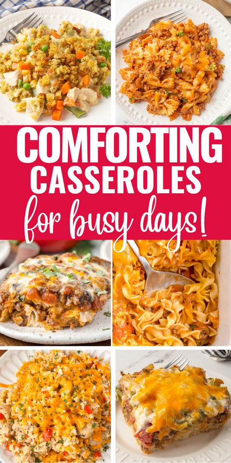 Comfort food casseroles photo collage. Friendship Casserole Recipes, Dinners That Reheat Well, Hotdish Recipes Minnesota, Casseroles That Reheat Well, Casseroles That Can Be Frozen, Cold Weather Casseroles, Frozen Casseroles Make Ahead, Easy Make Ahead Casseroles, Best Casseroles To Take To Someone