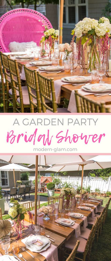 Garden Bridal Shower. A beautiful shower set in the garden. Pink Bridal Shower, Blush Tablescape. Bridal Brunch Patio Bridal Shower Ideas, At Home Bridal Shower Brunch, Bridal Shower Garden Theme Decorations, Wedding Shower Garden Theme, Table Settings For Bridal Showers, Bridal Brunch Decorations Table, Summer Garden Bridal Shower Ideas, Lake Bridal Shower Ideas, Bridal Shower Tablescape Ideas