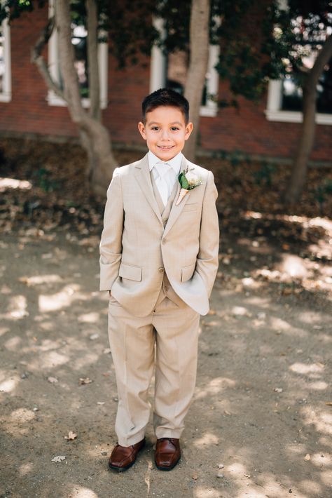 Champagne Ring Bearer Outfit, Beige Ring Bearer Outfit, Champagne Tux, Boys Tuxedo Wedding, Tan Suit Wedding, Male Suits, Groom Squad, Ring Bearer Suit, Nude Wedding