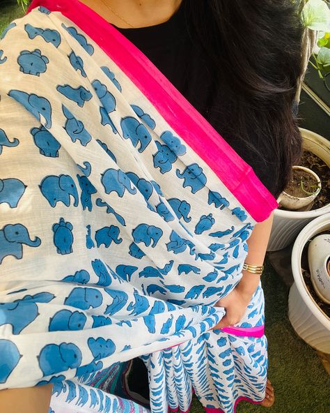 Sarees in quirky prints with a very soft and breezy cotton fabric. The fabric makes it super easy to drape and the prints make it easy to fall in love. Available on website, WWW.SOOTI.IN. #sarees #quirky #cotton #blockprint #newagewomen #madeinindia #onlineshopping #handcrafted #womenempowerment #womenfashion Quirky Saree Prints, Diwali Block Print Saree, Mulmul Saree With Printed Motifs, Cotton Block Print Pre-draped Saree, Navratri Block Print Mulmul Saree, Quirky Prints, Make It Easy, Printed Sarees, Handmade Bags