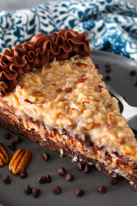 German Chocolate Cheesecake German Cheese, German Chocolate Cheesecake, Chocolate Cheesecake Recipe, Cheesecake Ingredients, Coconut Cheesecake, Chocolate Cheesecake Recipes, Just A Pinch Recipes, New Things To Try, Chocolate Cheese