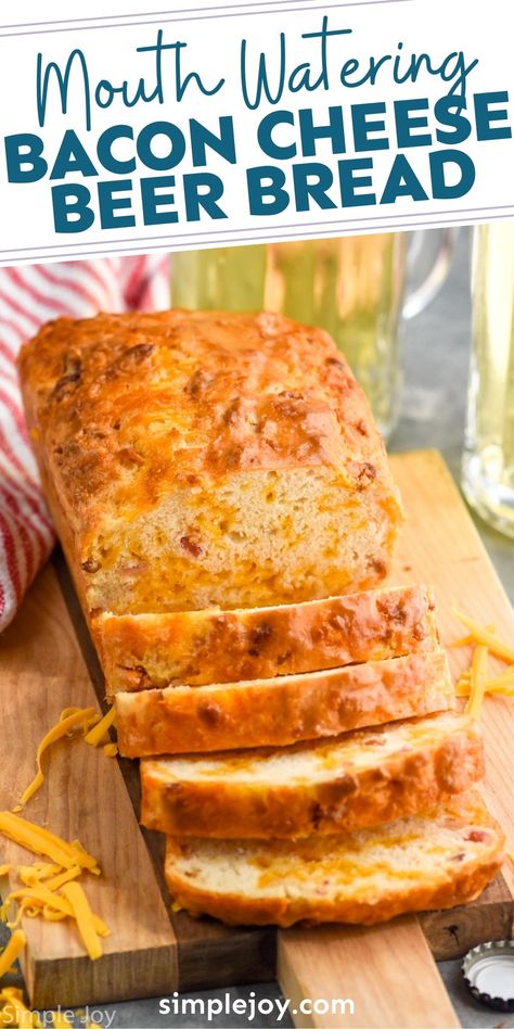 Bacon Cheese Beer Bread is the perfect spin on beer bread. Made with just five ingredients, you won't be able to get enough of this delicious bread. Bacon Cheddar Bread Recipe, Bacon Cheddar Beer Bread, Bread Made With Coke, Dips To Go With Beer Bread, Banana Beer Bread, Pampered Chef Beer Bread Recipe, Floral Appetizers, Beer Bread Recipe 3 Ingredients, Cheesy Beer Bread Recipe