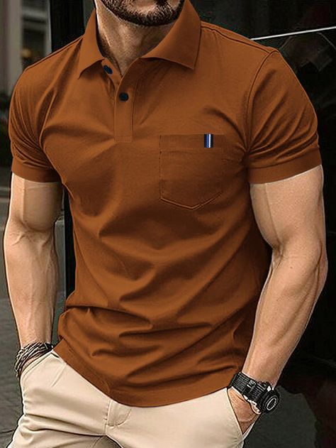 Men's Solid Color Short Sleeve Polo Shirt Brown Casual  Short Sleeve Fabric Plain  Slight Stretch Spring/Summer Men Clothing, size features are:Bust: ,Length: ,Sleeve Length: Mens Short Sleeve Button Down, Brown Polo Shirt Men Outfit, Brown Polo Outfit Men, Brown Tshirt Outfit, Men Outfits Summer, Polo Tshirt Men, Polo Outfit Men, Polo Shirt Outfit Men, Mens Smart Casual Outfits